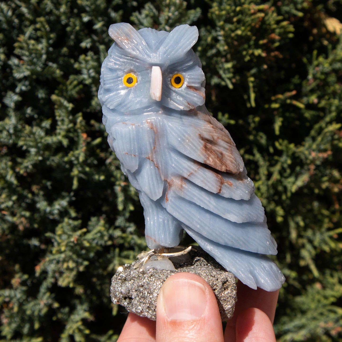 Blue Calcite Owl on Pyrite Base 4"