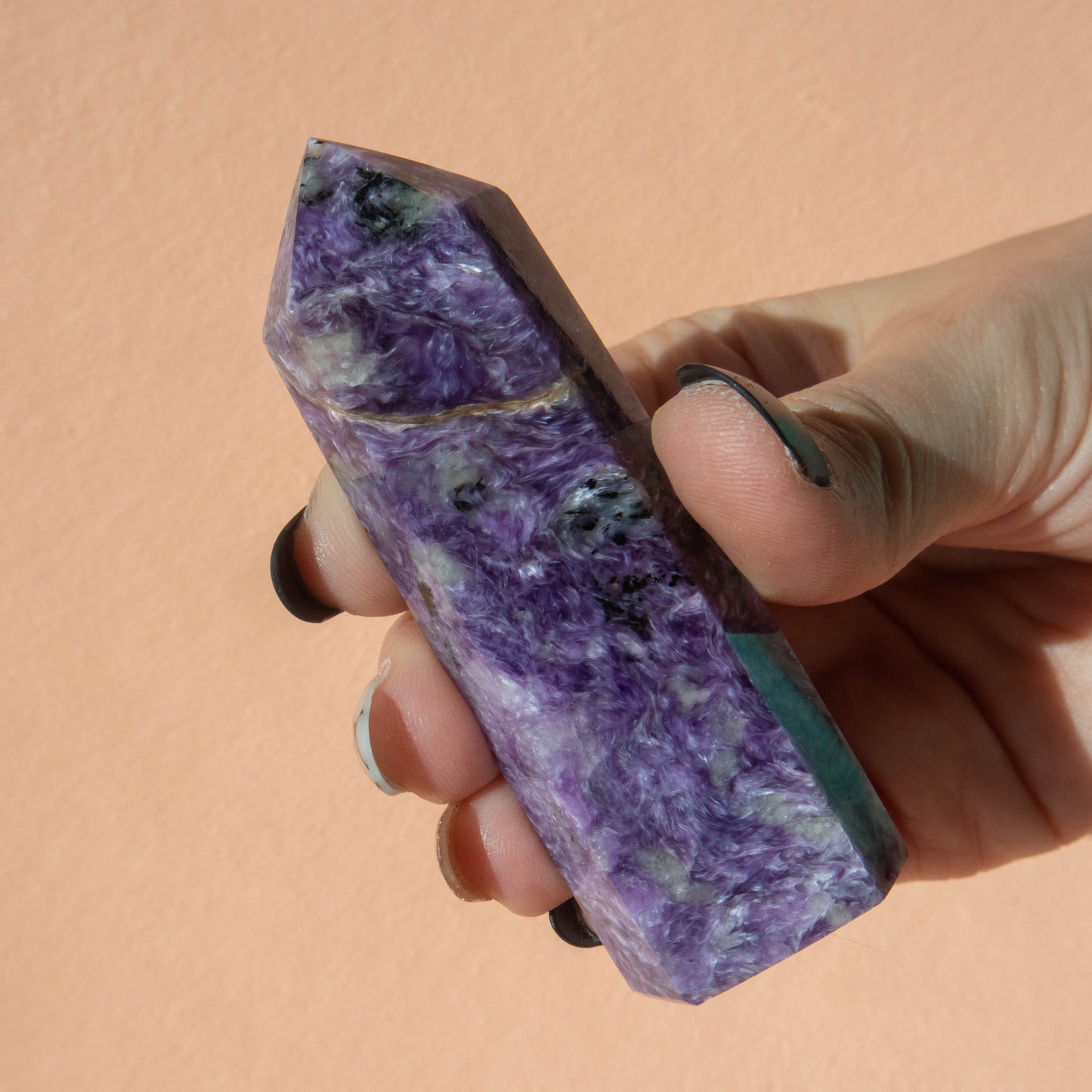 charoite, charoite tower, crystal tower, gemstone tower, charoite crystal, charoite stone, charoite properties, charoite healing properties, charoite metaphysical properties, charoite meaning