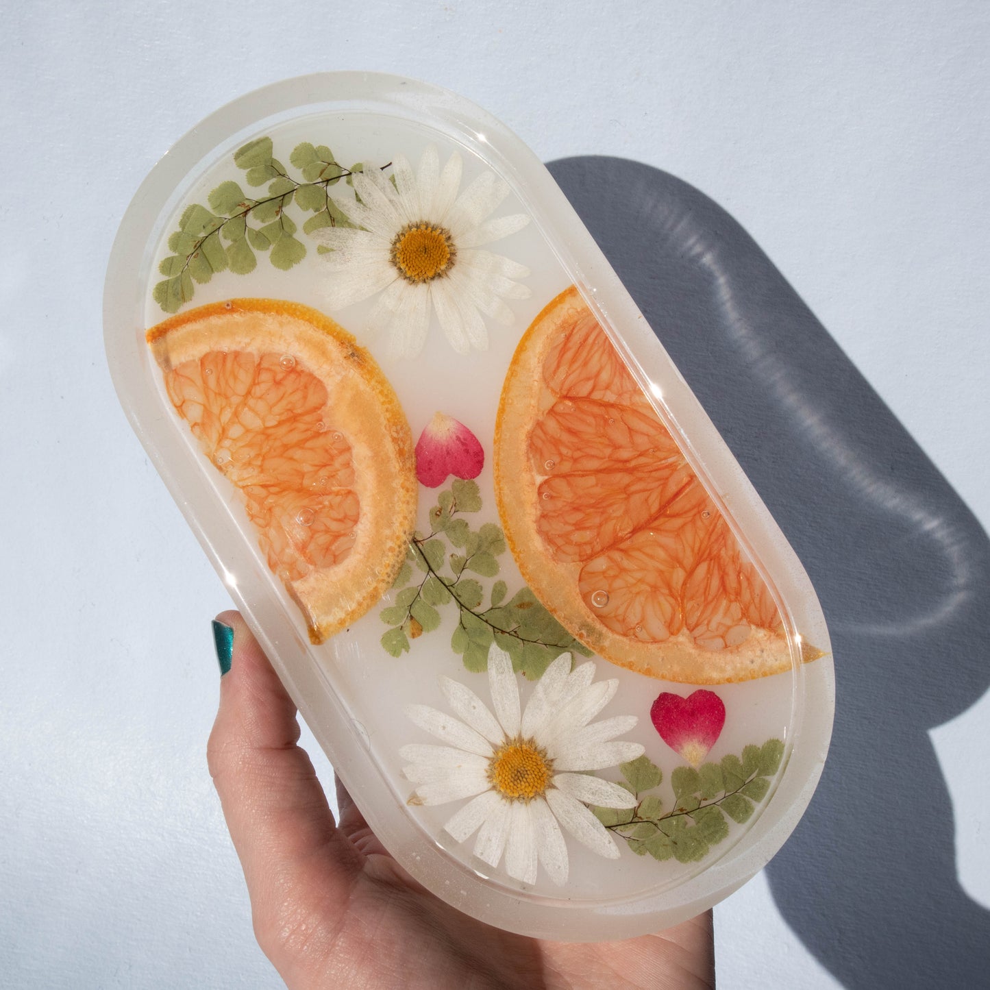 resin tray, oval resin tray, fruit resin, flowers in resin, floral tray, floral resin, jewelry tray, perfume tray