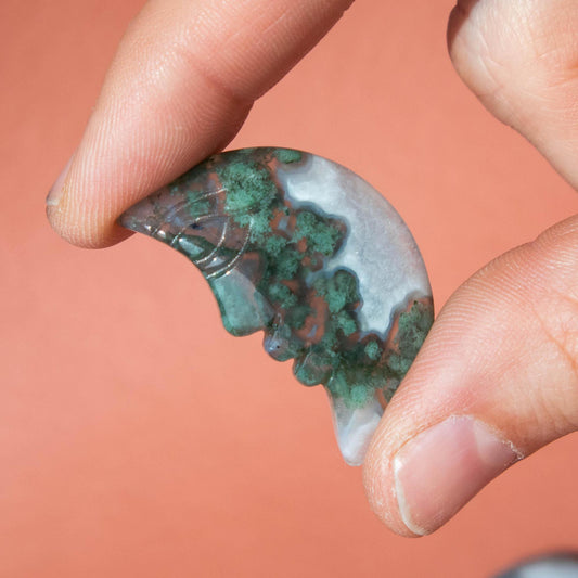 Moss Agate Moon Face Carving 3.5cm